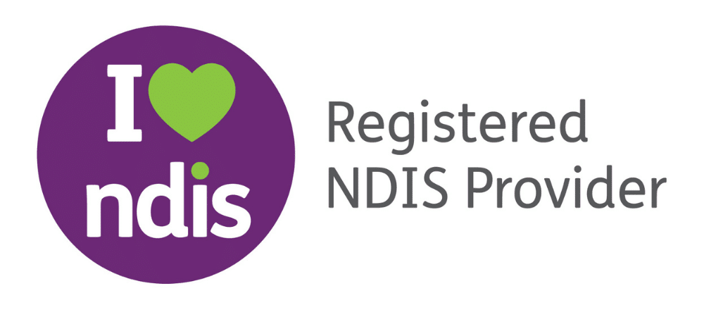 A purple circle with the text "I ♥ ndis" in white and green, next to the words "Registered NDIS Provider" in grey.